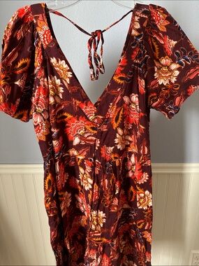 Old Navy Burgundy Floral Midi Dress with Red and Orange Accents